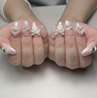 ネイルチップ グラデ ワンホン リボン ビジュー ピクシー