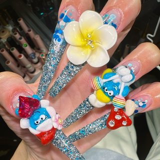#マイネイルチェンジ #スマーフ #スマーフェット#クラムジー#アズレール#ウィロー#パパスマーフ#きのこ #オールシーズン #ハンド #フラッシュ #ホログラム #ラメ #3D #ロング #スクエア #水色 #ブルー #シルバー #スカルプチュア #セルフネイル #ayachance69 #ネイルブック