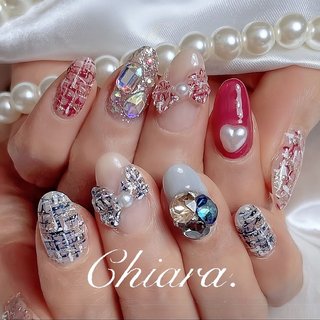 ネイルチップ ワンホン ツイード ガーリー リボン ビジュー