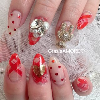 着画あり】ネイルチップ ハンドメイド クマ アーガイル柄 大人可愛い 