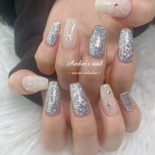 69))ミラーネイル リボンネイル フレンチガーリー 韓国 ホワイト シルバー