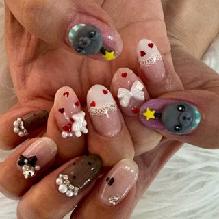 ワンホンネイル ラメグラ リボン ハート Vカット ちゅるん 韓国 量産型