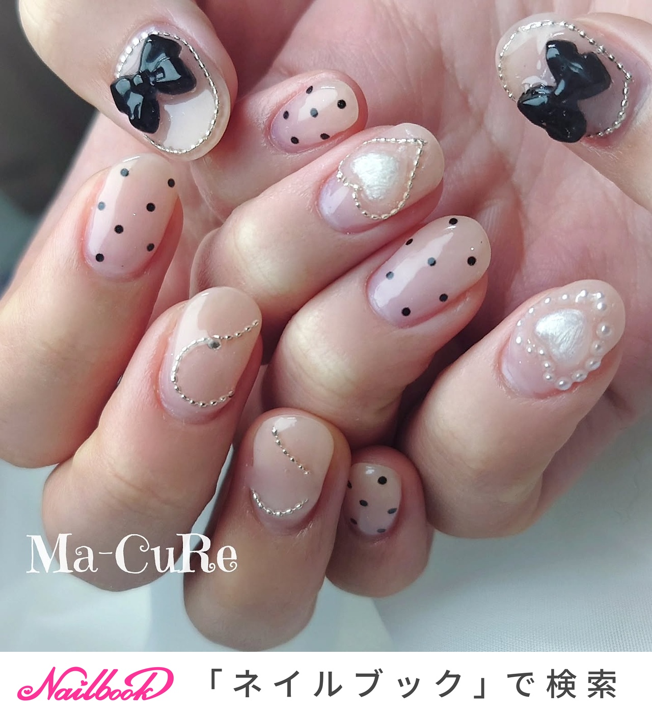 フレンチネイル水玉韓国ワンホン黒リボンガーリーぷっくりハート