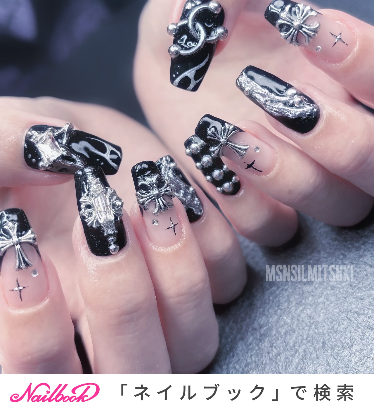 【No.035】ネイルチップ♡黒ネイル♡リボンネイル♡キルティングネイル 黒リボンと黒バラ🖤 いつもありがとうございます୨୧ #nail