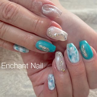 #ブルーニュアンスネイル#春ネイル#岡山ネイルサロン#エンチャートネイル#ワンカラーネイル#岡山北区自宅サロン #春 #夏 #ハンド #ビジュー #マーブル #ミディアム #スクエアオフ #ベージュ #水色 #ジェルネイル #お客様 #enchant1188 #ネイルブック