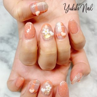 お急ぎ便A♡ ネイルチップ オレンジネイル チェック柄 シンプル