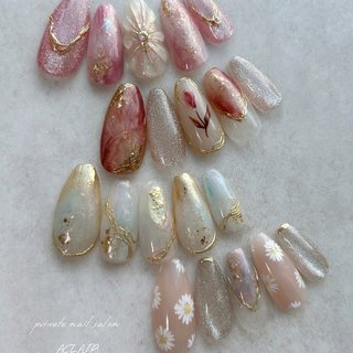 105 】ネイルチップ ぷっくりお花ネイル 春 フレンチ 成人式 入学式