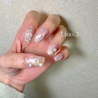  #春 #オールシーズン #イースター #ハンド #シェル #ニュアンス #マーブル #大人 #ワンホン #スクエアオフ #ホワイト #クリア #ピンク #ジェルネイル #お客様 #nb135897261686 #ネイルブック