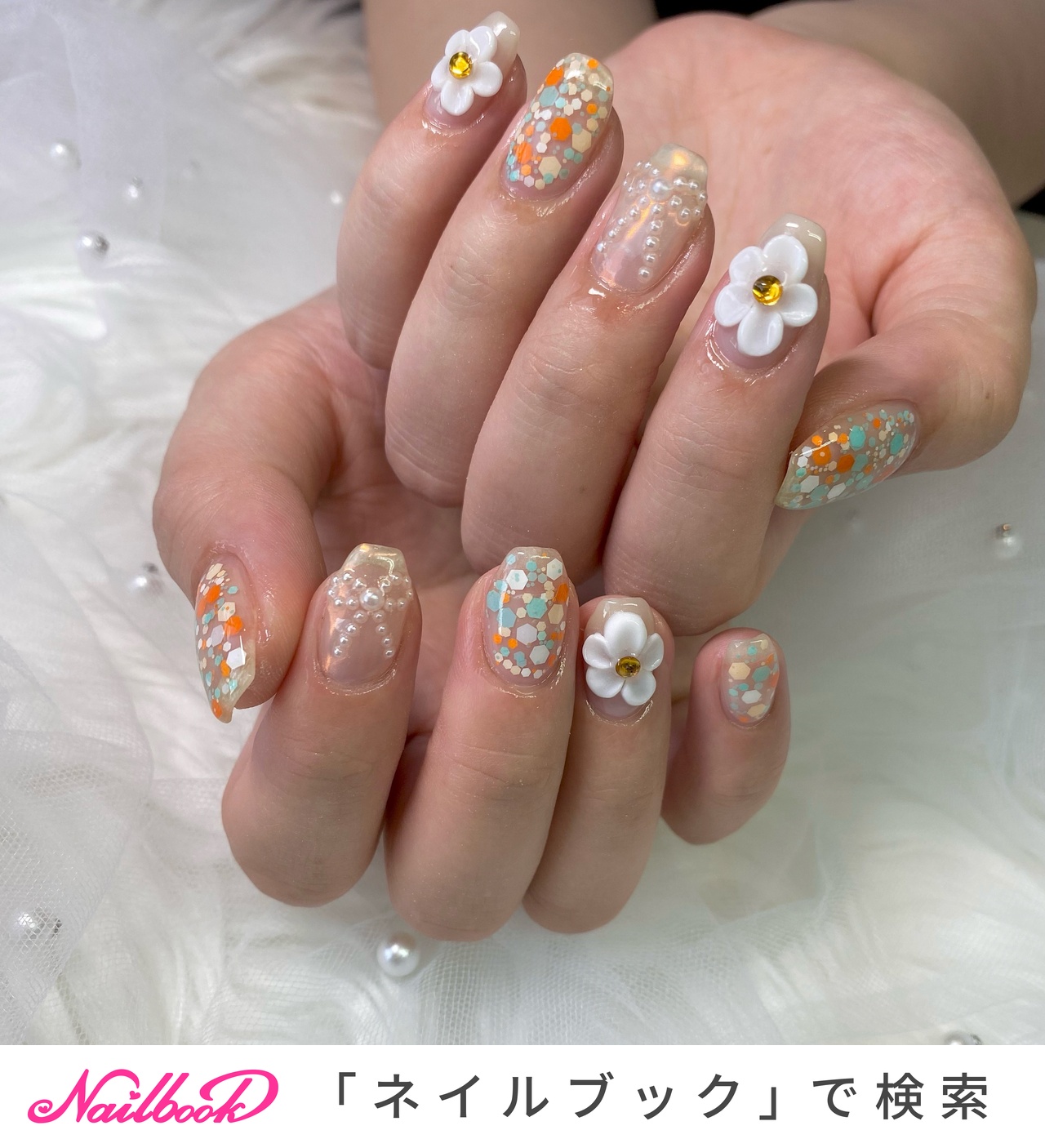 すぐ発送】ハンドメイドネイルチップ ぷっくりお花 白 チェック 春  