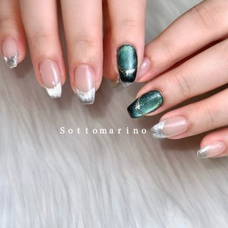 ワンホン/グリーン/#マグネットフレンチのネイルデザイン｜ネイルブック