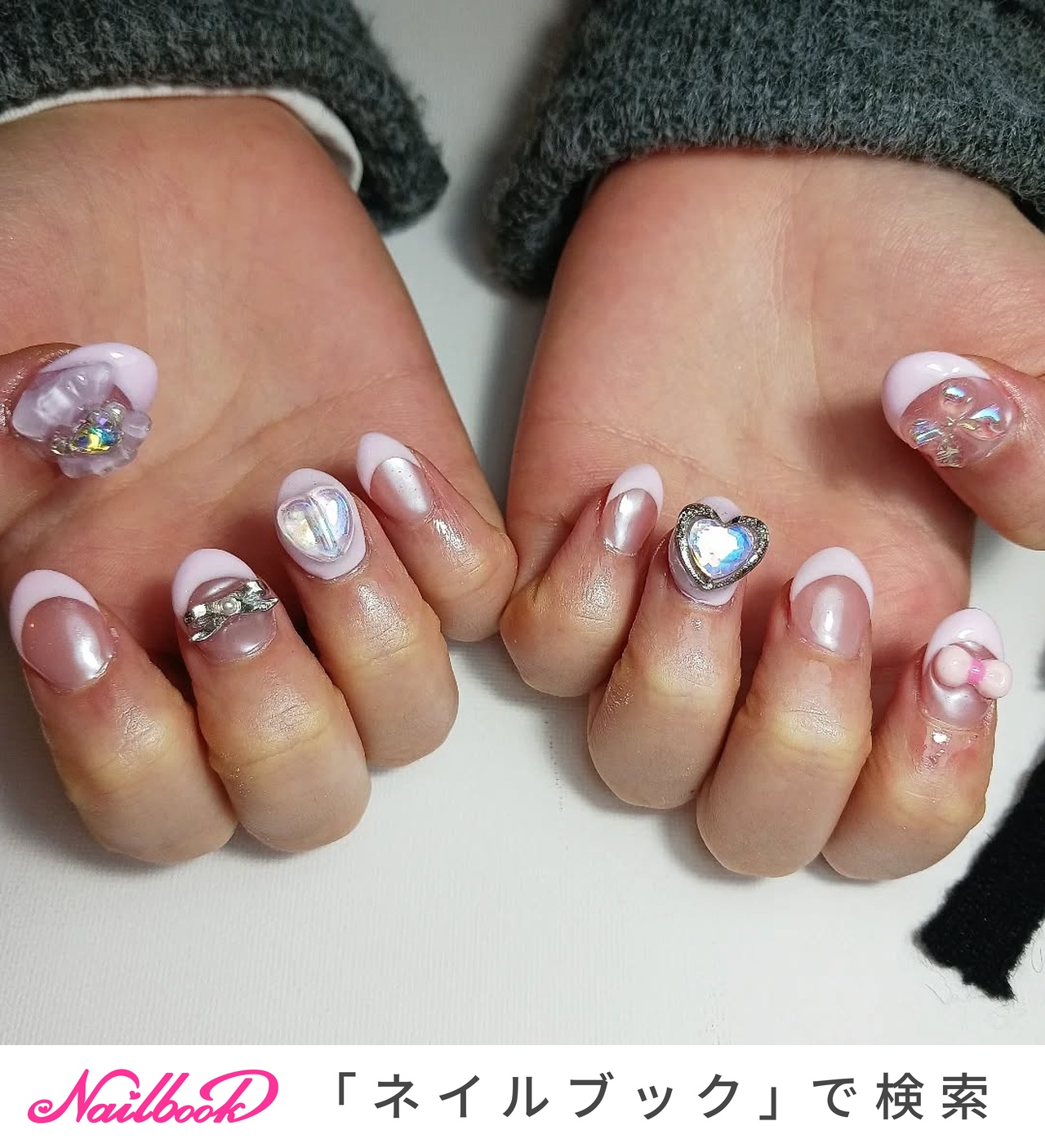 04))ネイルチップ フレンチガーリー ハートネイル ミラーネイル ホワイト 04))ネイルチップ フレンチガーリー ハートネイル ミラーネイル