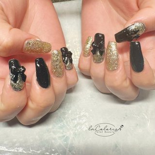 64))フレンチガーリー リボンネイル ブラック ストーンネイル
