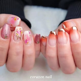 【 105 】ネイルチップ ぷっくりお花ネイル 春 フレンチ 成人式 入学式 105 】ネイルチップ ぷっくりお花ネイル 春 フレンチ 成人式 入学式