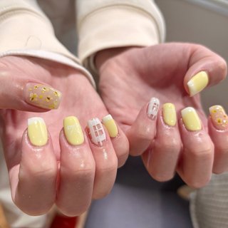  #春 #ハンド #チェック #ミディアム #スクエア #イエロー #Y nail!! 4753 #ネイルブック