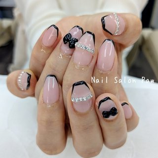 韓国ネイルチップ シアーブラックリボン 黒フレンチ 細フレンチ