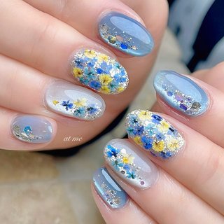 Riry ドライフラワー ネイル  青 白 黄色 セット おすすめ順｜押し花(ドライフラワー)/#青ネイル⁡のネイルデザイン