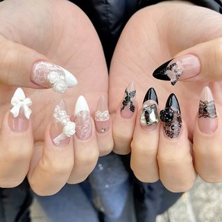 64))フレンチガーリー リボンネイル ブラック ストーンネイル 個性派ネイル 64))フレンチガーリー リボンネイル ブラック ストーンネイル
