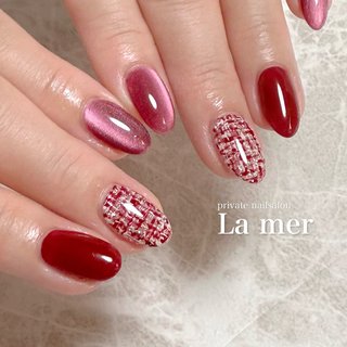 【オーダー】ネイルチップ　キラキラツイードチェックボルドーマグネット韓国ワンホン オーダー】ネイルチップ キラキラツイードチェックボルドーマグネット