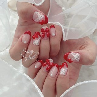 ネイルチップ 韓国ネイル ワンホン マグネットフレンチ リボン 赤  