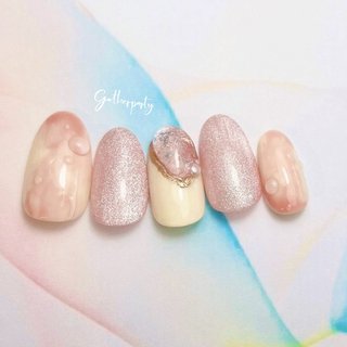 ネイルチップ韓国ワンホンマーブル水彩桃ピーチキラキラピンクニュアンス