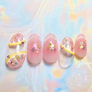 ネイルチップオーダー フルーツネイル ピンクグレープフルーツ 個性派 夏ネイル お客様ネイル お任せだったのでイチオシのフルーツネイルに