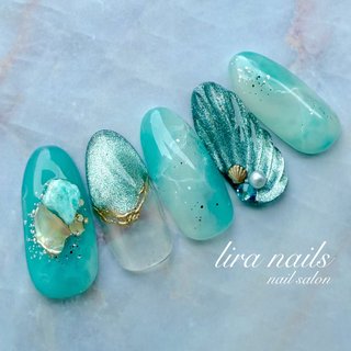 314】オーダー❉ターコイズブルー 大理石 トルコ石 夏ネイル フットチップ