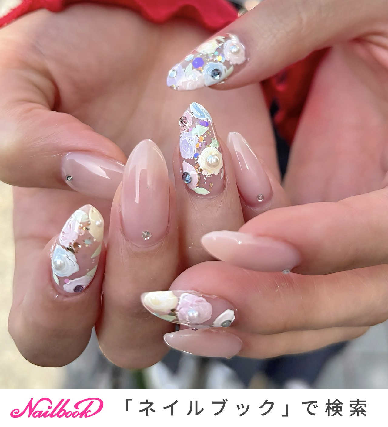 ☆A-360☆ジェルネイルチップ 大人フラワーのナチュラルネイル  