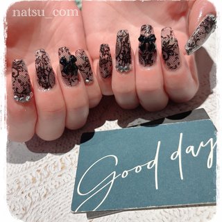 レース♡⃛(* ॑꒳ ॑* )⋆* 
#ハンド#お客様#ジェル#ミディアム#オールシーズン#スケスケ#レース#リボン#ストーン#キラキラ#大人かわいい#かわいい#ブラック#地雷系ネイル#ホイル#クリア#仙台#仙台ネイル#natsu_com #オールシーズン #ハンド #ホイル #リボン #ミディアム #スクエアオフ #クリア #ブラック #ジェルネイル #お客様 #natsu_com #ネイルブック