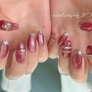  #オールシーズン #ハンド #フレンチ #マグネット #ミディアム #スクエア #レッド #シルバー #ジェルネイル #お客様 #atelier_aiha #ネイルブック