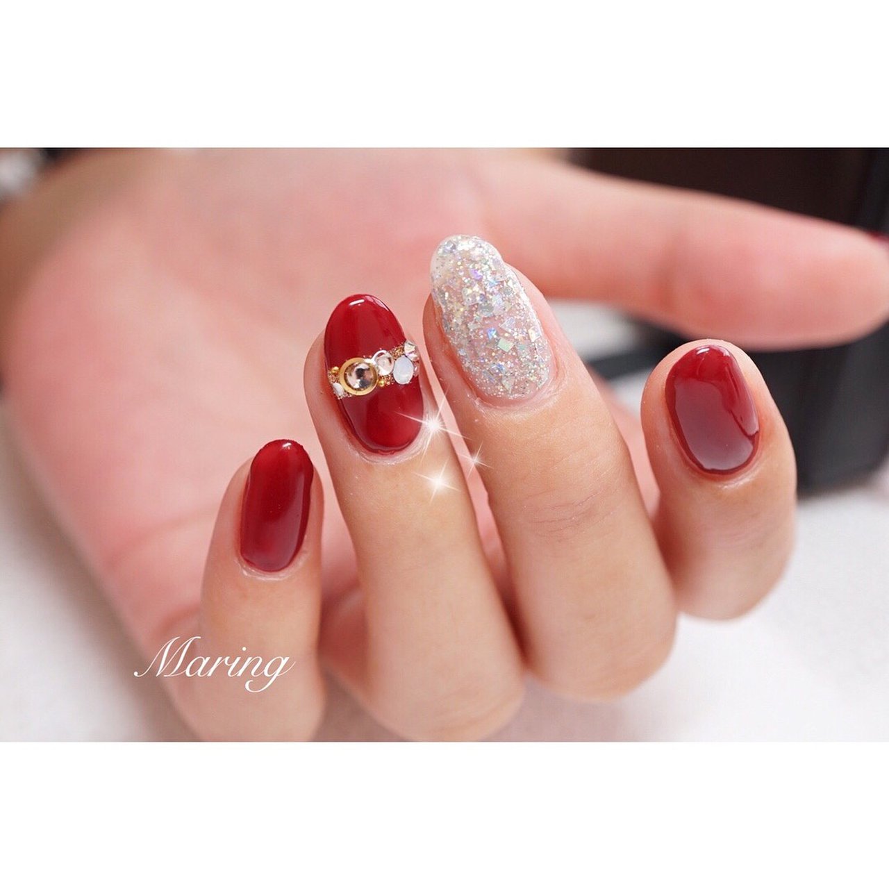 秋 冬 ハンド ビジュー レッド Nailsalon Maring マリング のネイルデザイン No ネイルブック