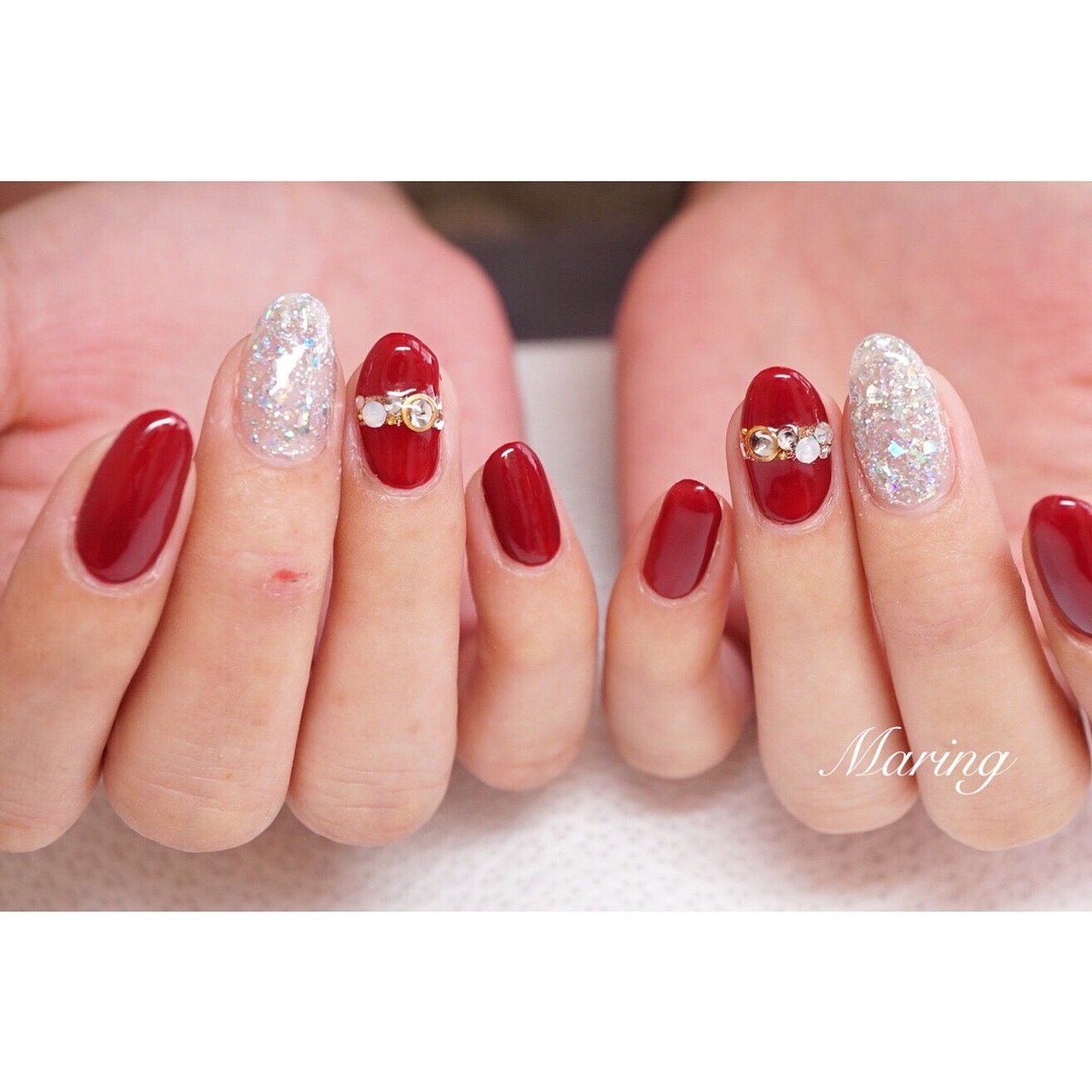 秋 冬 ハンド ビジュー レッド Nailsalon Maring マリング のネイルデザイン No ネイルブック