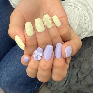  #春 #オールシーズン #ハンド #リボン #ミディアム #スクエア #イエロー #パープル #ジェルネイル #お客様 #nb1965212a462 #ネイルブック