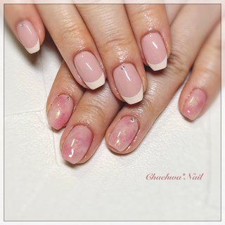 【オーダー】ネイルチップ　ミラーフレンチ　桃　ピーチ　韓国　マーブル　ワンホン オーダー】ネイルチップミラーフレンチ桃ピーチ韓国マーブルワンホン