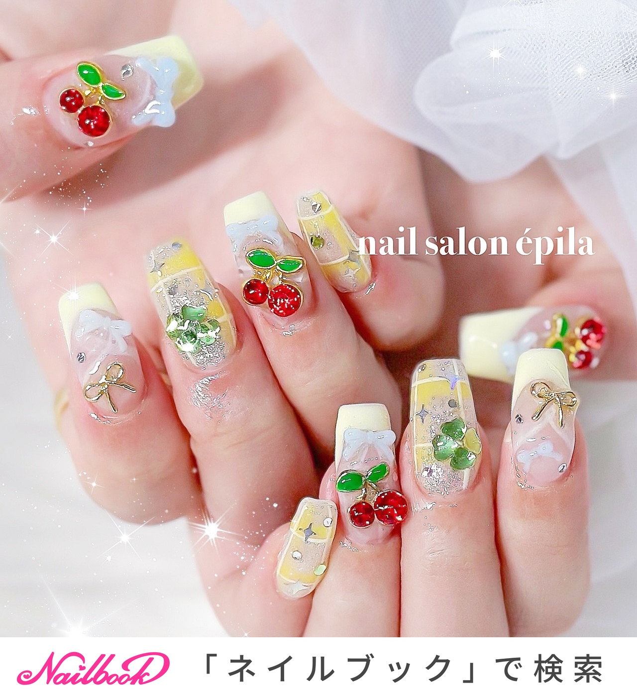 ネイルチップ量産型ガラスフレンチビジューオーダーイニシャルクローバー