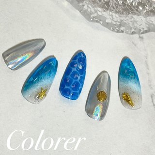 くすみブルーニュアンスネイル ユニコーンラメ シルバーパーツ シェル 大理石 夏 1280_lc