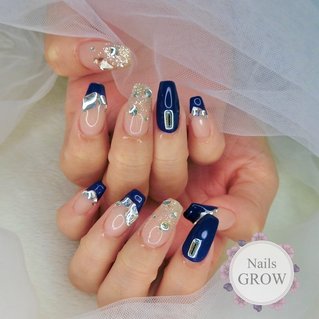 オーダー】ネイルチップ韓国ワンホンミラーフレンチネイビーキラキラ