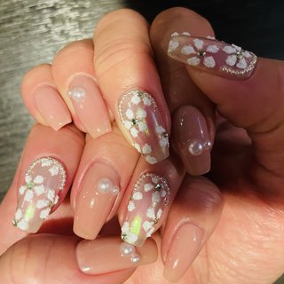 #ジェルネイル #オーロラパウダーネイル #テラコッタジェル #テラコッタアート #パール#スクエアカット#バレリーナ #春 #ハンド #ミディアム #スクエア #ホワイト #ピンク #ジェルネイル #nail_lii #ネイルブック