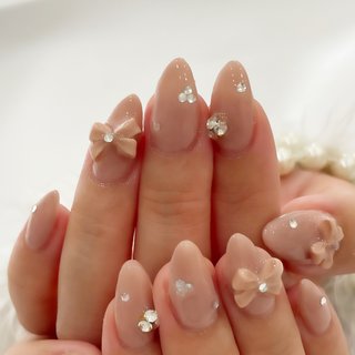 ネイルチップ ワンホン ぷっくりフラワー リボン ビジュー