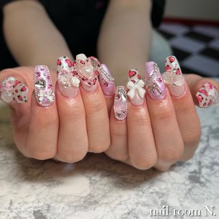 ネイルチップ ワンホン リボン ビジュー 埋め尽くし