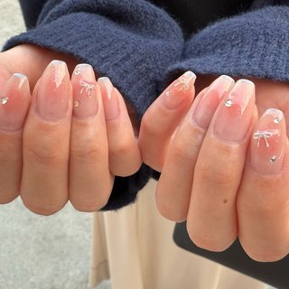 #春ネイル #チーク #リボン#フレンチ#ワンホン #ラメ#ニュアンス#ロング#バレリーナ#山形ネイル #nailsalon nine. #ネイルブック