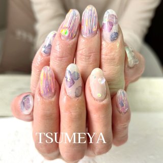  #春 #夏 #梅雨 #女子会 #ハンド #ラメ #フラワー #3D #ホイル #ミディアム #ラウンド #ホワイト #ピンク #パープル #ジェルネイル #お客様 #tsumeya #ネイルブック