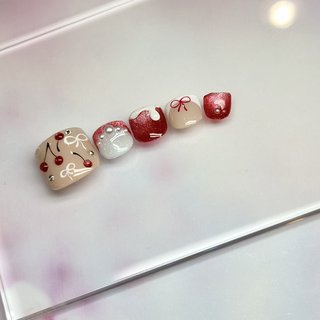 #フットネイル #ネイルデザイン #ジェルネイル #ベージュ #マグネット #さくらんぼネイル #リボンネイル #フット #nail cube 松本店 #ネイルブック
