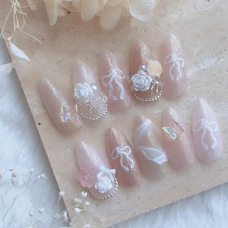 ネイルチップ フレンチガーリー ホロフラワー リボン 薔薇 ネイルチップ フレンチガーリー ホロフラワー リボン 薔薇