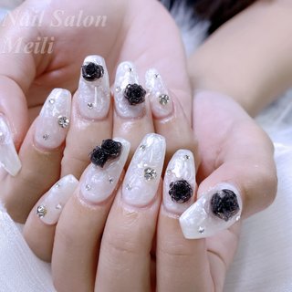 ネイルチップ ワンホン シルク 薔薇 ビジュー ワンホンネイル フラワー