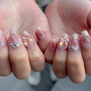 #チークネイル#リボンネイル #春 #夏 #オールシーズン #ハンド #チーク #リボン #ミディアム #スクエア #ピンク #ジェルネイル #お客様 #nailsalones* #ネイルブック
