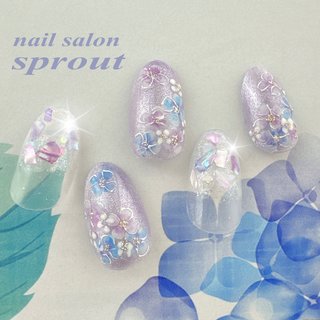#紫陽花ネイル ＃アジサイネイル　#ハイドレンジアネイル #シェルネイル #エアブラシネイル #梅雨 #ハンド #フラワー #シェル #ミディアム #オーバル #ブルー #パープル #ジェルネイル #ネイルチップ #nailsalon sprout❤️池袋 #ネイルブック