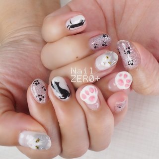 ぷっくり貝殻ネイルねこ肉球ネイルチップオーダーリボン