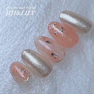 サイズオーダー♡天然石風ニュアンス×ミラーネイルチップオレンジ