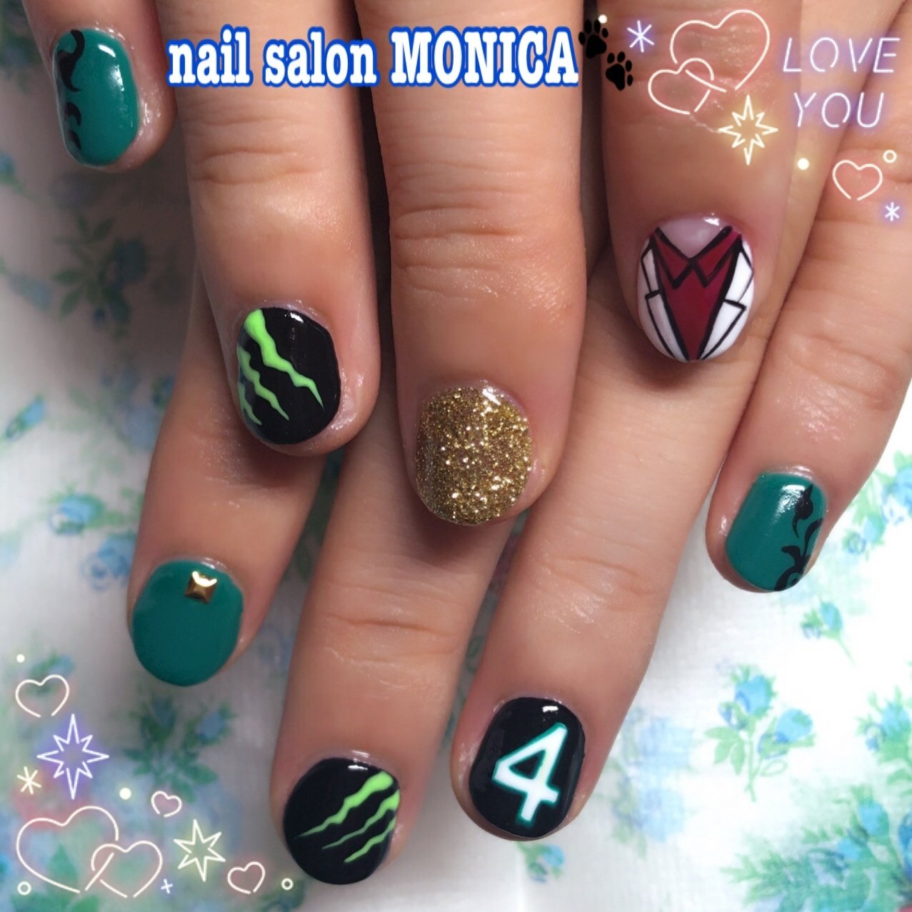 オールシーズン ハンド キャラクター ミディアム グリーン Nail Salon Monica のネイルデザイン No ネイル ブック