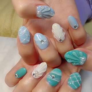 #人魚ネイル #人魚姫ネイル 
#3dネイル 
#人魚の鱗ネイル 
#夏ネイル 
#アートし放題 
#所沢ネイルサロン #夏 #海 #リゾート #デート #ハンド #シェル #パール #3D #大人 #個性派 #ターコイズ #水色 #ジェルネイル #お客様 #REVE #ネイルブック